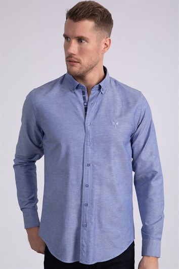 Erkek Slim Fit Dar Kesim Uzun Kollu Pamuklu Oxford Doku Kolay Ütülenebilir Mavi Düğmeli Yaka Gömlek