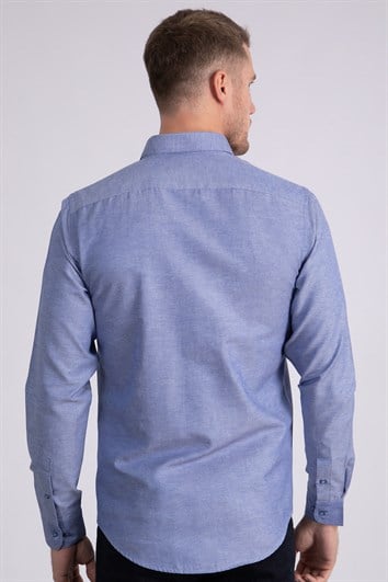 Erkek Slim Fit Dar Kesim Uzun Kollu Pamuklu Oxford Doku Kolay Ütülenebilir Mavi Düğmeli Yaka Gömlek