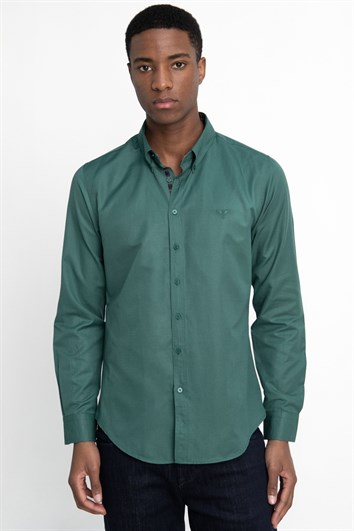 Erkek Slim Fit Dar Kesim Uzun Kollu Pamuklu Oxford Doku Kolay Ütülenebilir Yeşil Düğmeli Yaka Gömlek