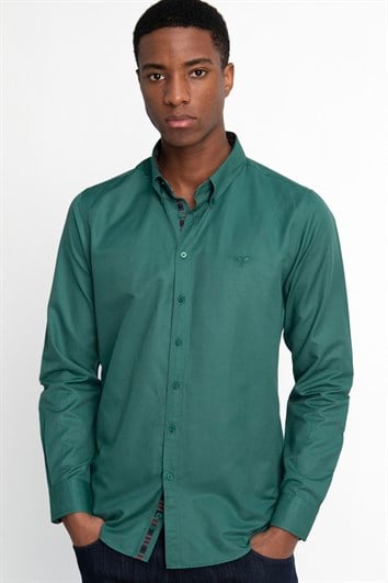 Erkek Slim Fit Dar Kesim Uzun Kollu Pamuklu Oxford Doku Kolay Ütülenebilir Yeşil Düğmeli Yaka Gömlek