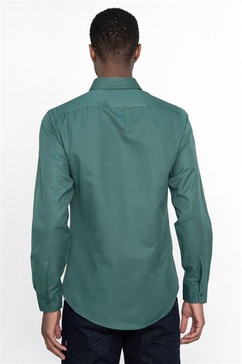 Erkek Slim Fit Dar Kesim Uzun Kollu Pamuklu Oxford Doku Kolay Ütülenebilir Yeşil Düğmeli Yaka Gömlek