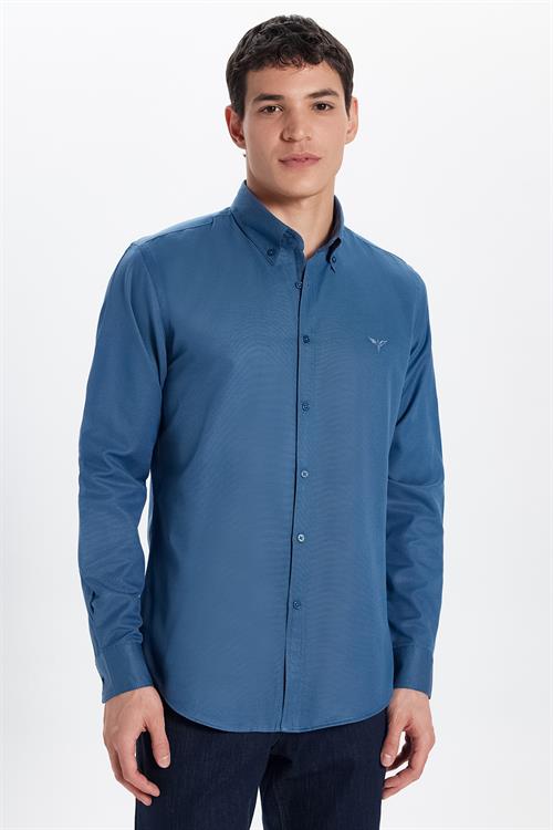 Erkek Slim Fit Dar Kesim Uzun Kollu Pamuklu Oxford Doku Petrol Renk Düğmeli Yaka Gömlek