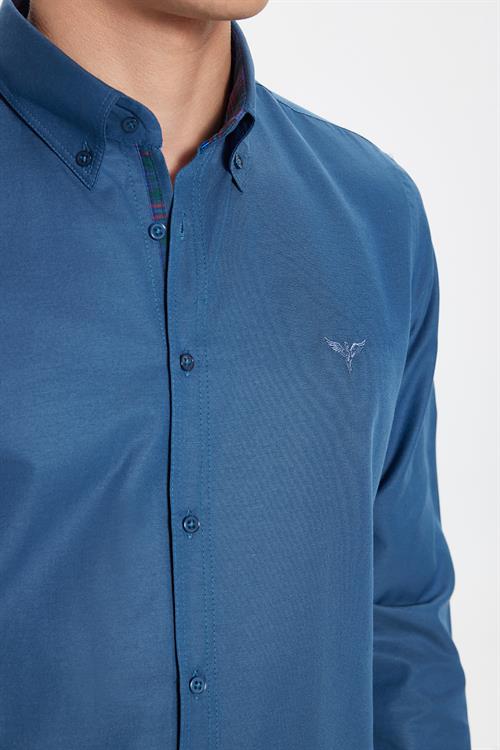 Erkek Slim Fit Dar Kesim Uzun Kollu Pamuklu Oxford Doku Petrol Renk Düğmeli Yaka Gömlek