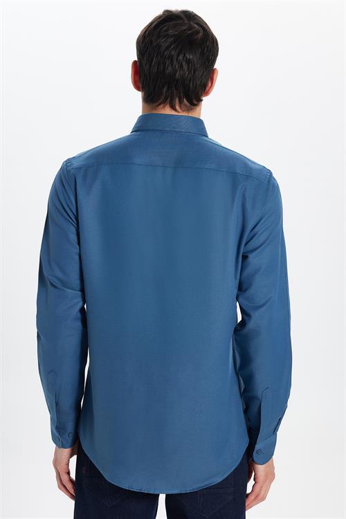 Erkek Slim Fit Dar Kesim Uzun Kollu Pamuklu Oxford Doku Petrol Renk Düğmeli Yaka Gömlek