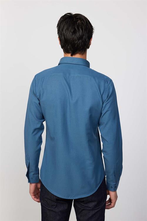 Erkek Slim Fit Dar Kesim Uzun Kollu Pamuklu Oxford Doku Petrol Renk Düğmeli Yaka Gömlek