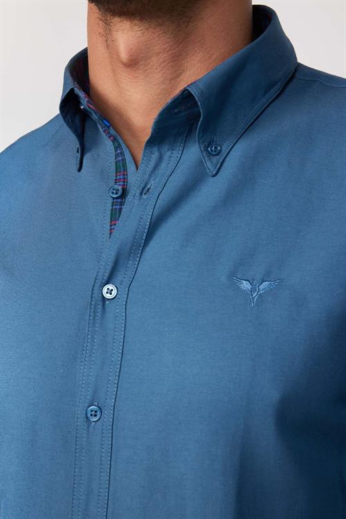 Erkek Slim Fit Dar Kesim Uzun Kollu Pamuklu Oxford Doku Petrol Renk Düğmeli Yaka Gömlek
