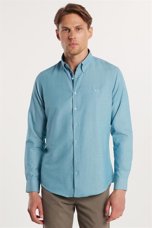 Erkek Slim Fit Dar Kesim Uzun Kollu Pamuklu Oxford Doku Petrol Renk Düğmeli Yaka Gömlek