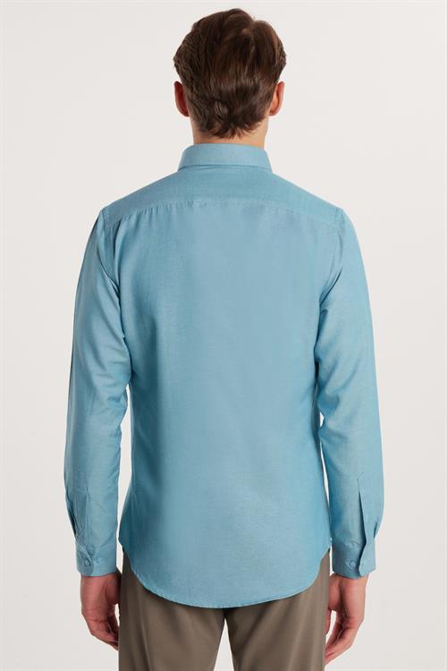 Erkek Slim Fit Dar Kesim Uzun Kollu Pamuklu Oxford Doku Petrol Renk Düğmeli Yaka Gömlek