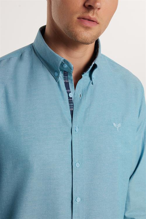 Erkek Slim Fit Dar Kesim Uzun Kollu Pamuklu Oxford Doku Petrol Renk Düğmeli Yaka Gömlek