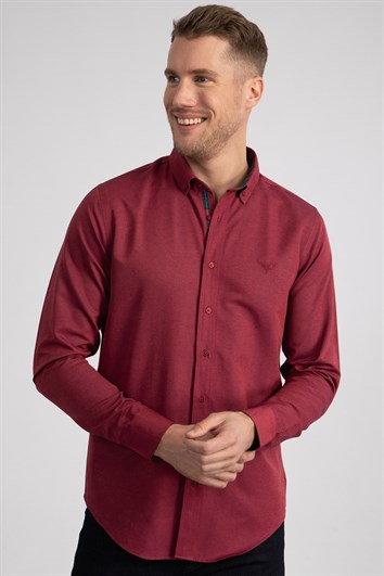 Erkek Slim Fit Dar Kesim Uzun Kollu Pamuklu Oxford Doku Kolay Ütülenebilir Fuşya Düğmeli Yaka Gömlek