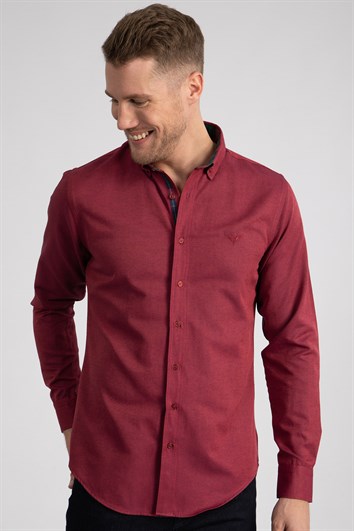 Erkek Slim Fit Dar Kesim Uzun Kollu Pamuklu Oxford Doku Kolay Ütülenebilir Fuşya Düğmeli Yaka Gömlek