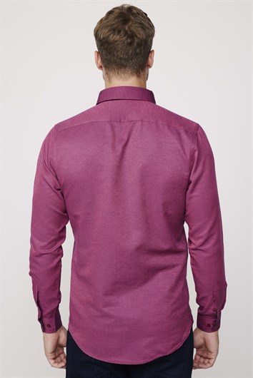 Erkek Slim Fit Dar Kesim Uzun Kollu Pamuklu Oxford Doku Kolay Ütülenebilir Bordo Düğmeli Yaka Gömlek