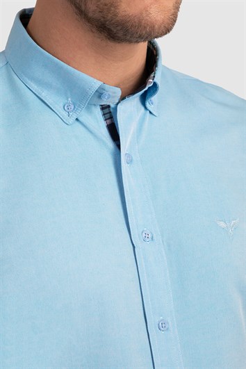 Erkek Slim Fit Dar Kesim Uzun Kollu Pamuklu Oxford Doku Turkuaz Düğmeli Yaka Gömlek