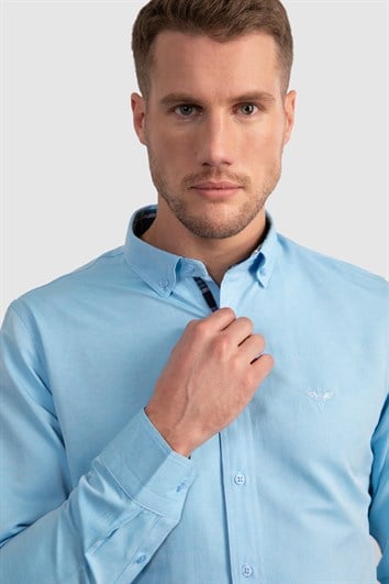 Erkek Slim Fit Dar Kesim Uzun Kollu Pamuklu Oxford Doku Turkuaz Düğmeli Yaka Gömlek