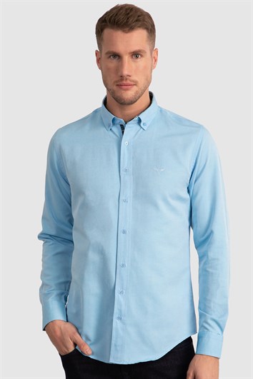 Erkek Slim Fit Dar Kesim Uzun Kollu Pamuklu Oxford Doku Turkuaz Düğmeli Yaka Gömlek