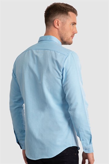 Erkek Slim Fit Dar Kesim Uzun Kollu Pamuklu Oxford Doku Turkuaz Düğmeli Yaka Gömlek