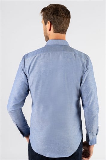 Erkek Slim Fit Dar Kesim Uzun Kollu Pamuklu Oxford Doku Kolay Ütülenebilir Mavi Düğmeli Yaka Gömlek
