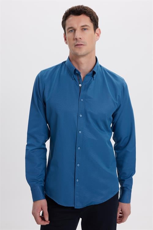 Erkek Slim Fit Dar Kesim Uzun Kollu Pamuklu Oxford Doku Kolay Ütülenebilir Petrol Düğmeli Yaka Gömlek