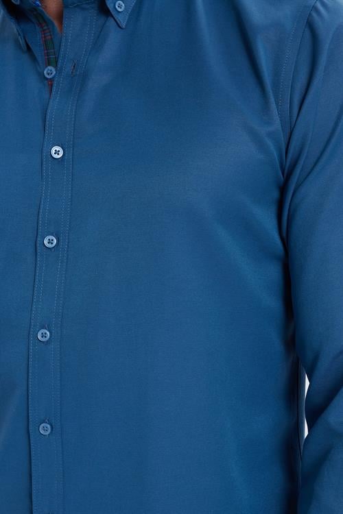 Erkek Slim Fit Dar Kesim Uzun Kollu Pamuklu Oxford Doku Kolay Ütülenebilir Petrol Düğmeli Yaka Gömlek