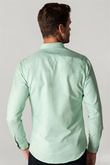 Erkek Slim Fit Dar Kesim Uzun Kollu Pamuklu Oxford Doku Kolay Ütülenebilir Mint Düğmeli Yaka Gömlek