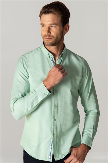 Erkek Slim Fit Dar Kesim Uzun Kollu Pamuklu Oxford Doku Kolay Ütülenebilir Mint Düğmeli Yaka Gömlek