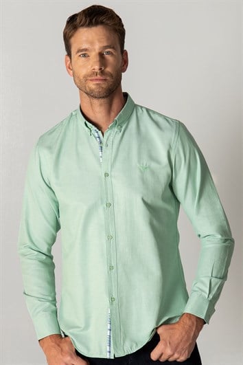 Erkek Slim Fit Dar Kesim Uzun Kollu Pamuklu Oxford Doku Kolay Ütülenebilir Mint Düğmeli Yaka Gömlek