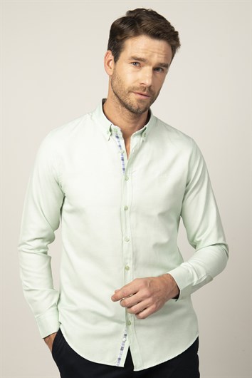 Erkek Slim Fit Dar Kesim Uzun Kollu Pamuklu Oxford Doku Kolay Ütülenebilir Mint Düğmeli Yaka Gömlek
