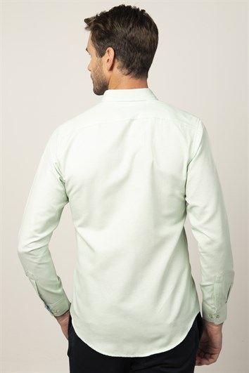 Erkek Slim Fit Dar Kesim Uzun Kollu Pamuklu Oxford Doku Kolay Ütülenebilir Mint Düğmeli Yaka Gömlek