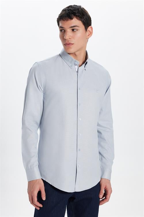 Erkek Slim Fit Dar Kesim Uzun Kollu Pamuklu Oxford Doku Kolay Ütülenebilir Gri Düğmeli Yaka Gömlek