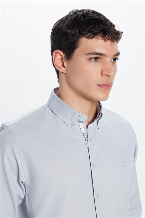 Erkek Slim Fit Dar Kesim Uzun Kollu Pamuklu Oxford Doku Kolay Ütülenebilir Gri Düğmeli Yaka Gömlek
