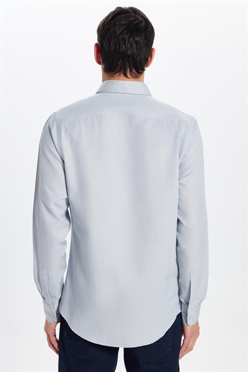 Erkek Slim Fit Dar Kesim Uzun Kollu Pamuklu Oxford Doku Kolay Ütülenebilir Gri Düğmeli Yaka Gömlek