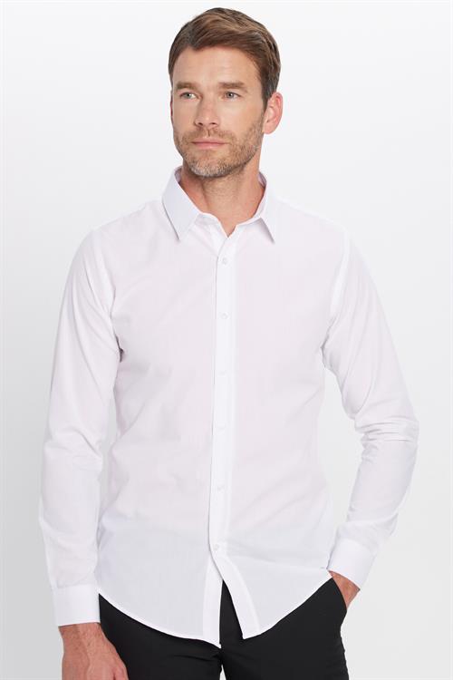 Erkek Slim Fit Dar Kesim Pamuklu Terry Cotton Kumaş Kolay Ütü Beyaz Gömlek