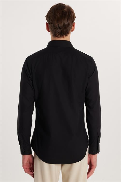 Erkek Slim Fit Dar Kesim Pamuklu Terry Cotton Kumaş Kolay Ütü Siyah Gömlek