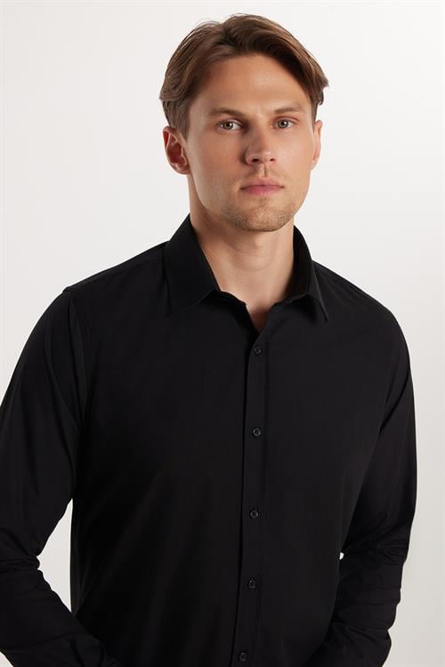 Erkek Slim Fit Dar Kesim Pamuklu Terry Cotton Kumaş Kolay Ütü Siyah Gömlek