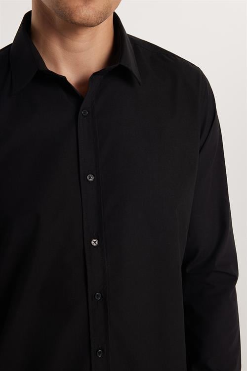 Erkek Slim Fit Dar Kesim Pamuklu Terry Cotton Kumaş Kolay Ütü Siyah Gömlek