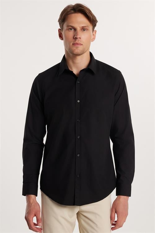 Erkek Slim Fit Dar Kesim Pamuklu Terry Cotton Kumaş Kolay Ütü Siyah Gömlek
