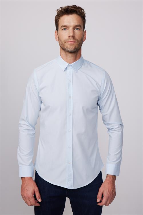 Erkek Slim Fit Dar Kesim Pamuklu Terry Cotton Kumaş Kolay Ütü Mavi Gömlek