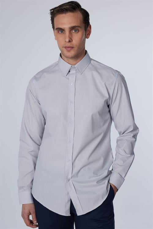 Erkek Slim Fit Dar Kesim Pamuklu Terry Cotton Kumaş Kolay Ütü Gri Gömlek