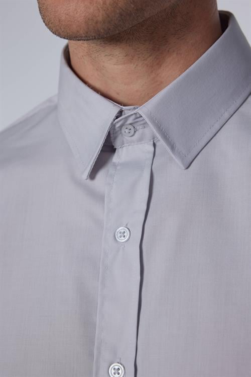Erkek Slim Fit Dar Kesim Pamuklu Terry Cotton Kumaş Kolay Ütü Gri Gömlek