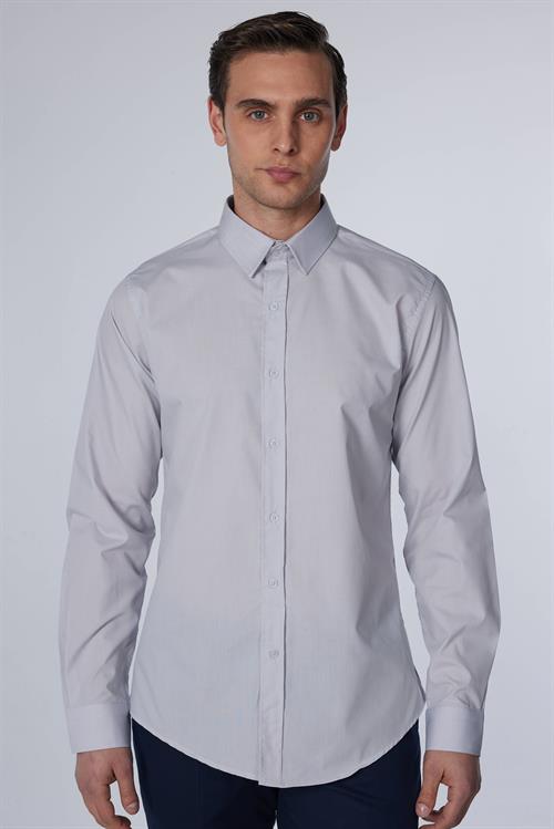Erkek Slim Fit Dar Kesim Pamuklu Terry Cotton Kumaş Kolay Ütü Gri Gömlek