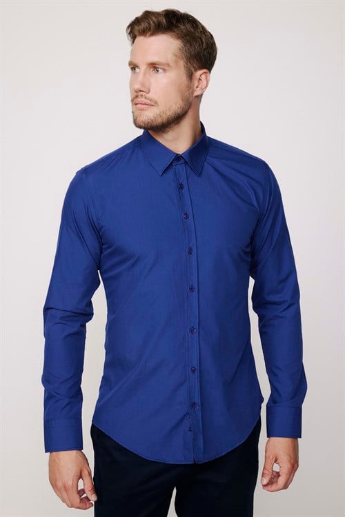 Erkek Slim Fit Dar Kesim Pamuklu Terry Cotton Kumaş Kolay Ütü Lacivert Gömlek