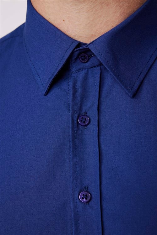 Erkek Slim Fit Dar Kesim Pamuklu Terry Cotton Kumaş Kolay Ütü Lacivert Gömlek