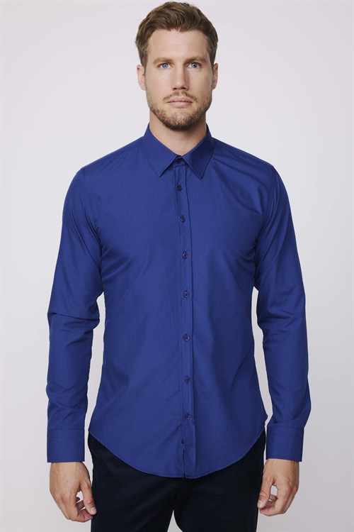 Erkek Slim Fit Dar Kesim Pamuklu Terry Cotton Kumaş Kolay Ütü Lacivert Gömlek