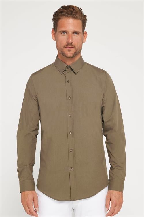 Erkek Slim Fit Dar Kesim Pamuklu Terry Cotton Kumaş Kolay Ütü Haki Gömlek