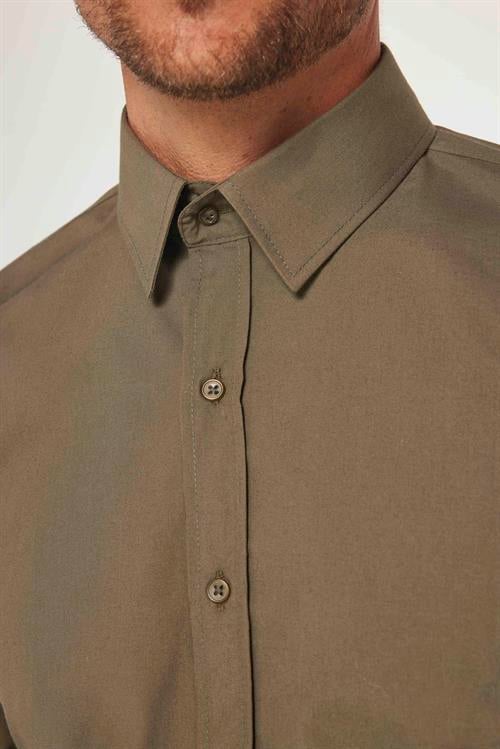 Erkek Slim Fit Dar Kesim Pamuklu Terry Cotton Kumaş Kolay Ütü Haki Gömlek