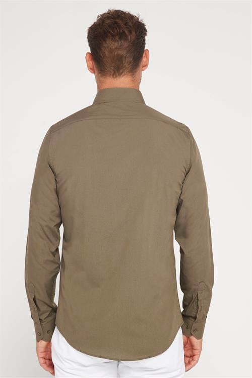 Erkek Slim Fit Dar Kesim Pamuklu Terry Cotton Kumaş Kolay Ütü Haki Gömlek