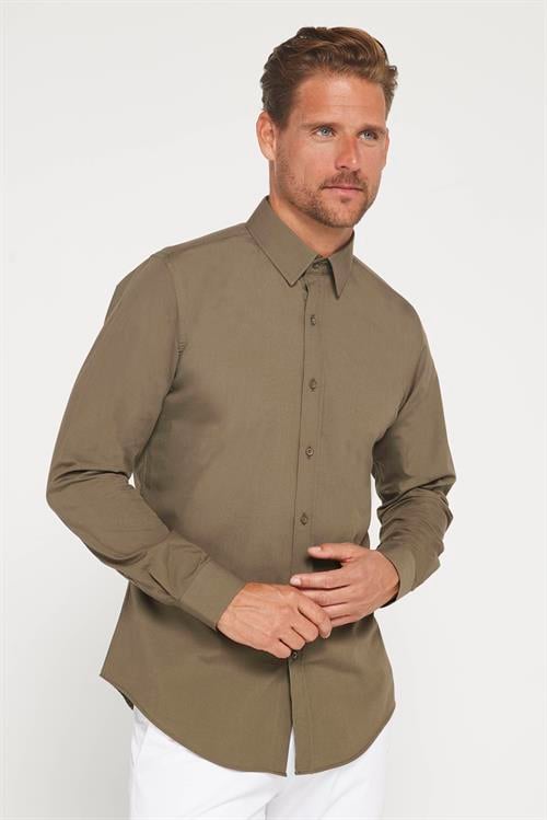 Erkek Slim Fit Dar Kesim Pamuklu Terry Cotton Kumaş Kolay Ütü Haki Gömlek