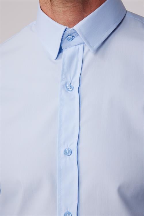 Erkek Slim Fit Dar Kesim Pamuklu Terry Cotton Kumaş Kolay Ütü Mavi Gömlek