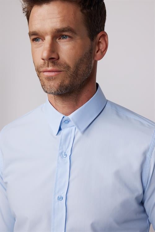Erkek Slim Fit Dar Kesim Pamuklu Terry Cotton Kumaş Kolay Ütü Mavi Gömlek