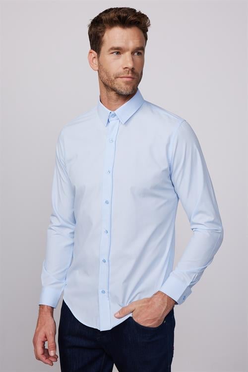 Erkek Slim Fit Dar Kesim Pamuklu Terry Cotton Kumaş Kolay Ütü Mavi Gömlek
